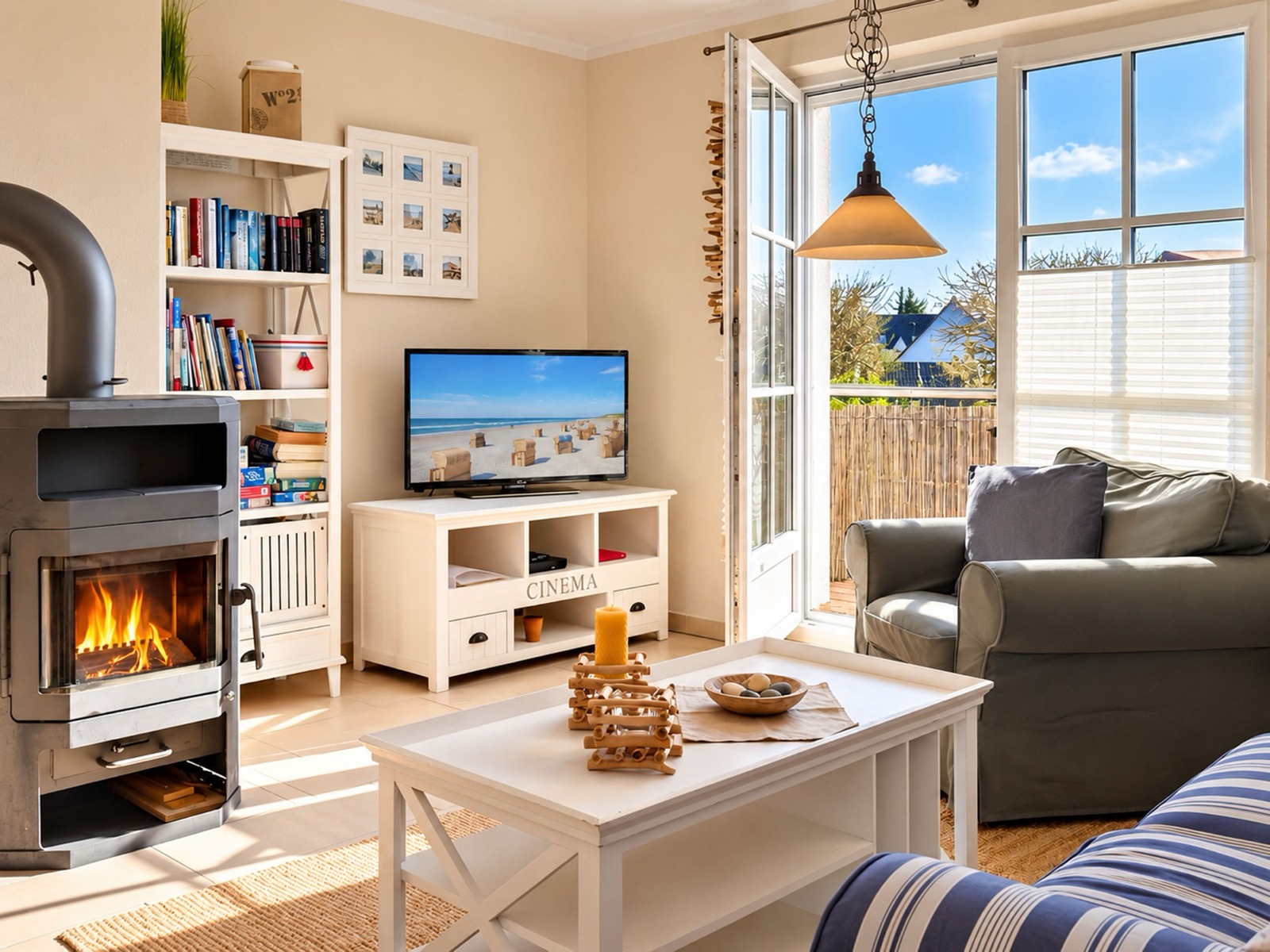 Gemütliches Wohnzimmer mit Kaminofen und Blick auf den Balkon