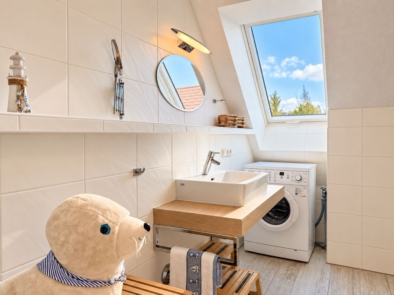 Zweites Badezimmer mit Waschmaschine und Dachfenster